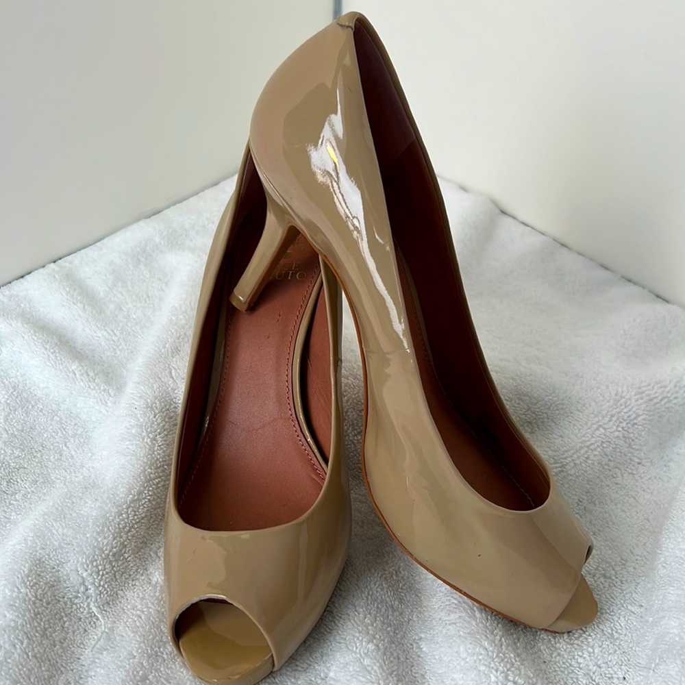 Vince Cumuto Patent Leather Camel Peep-toe Pumps